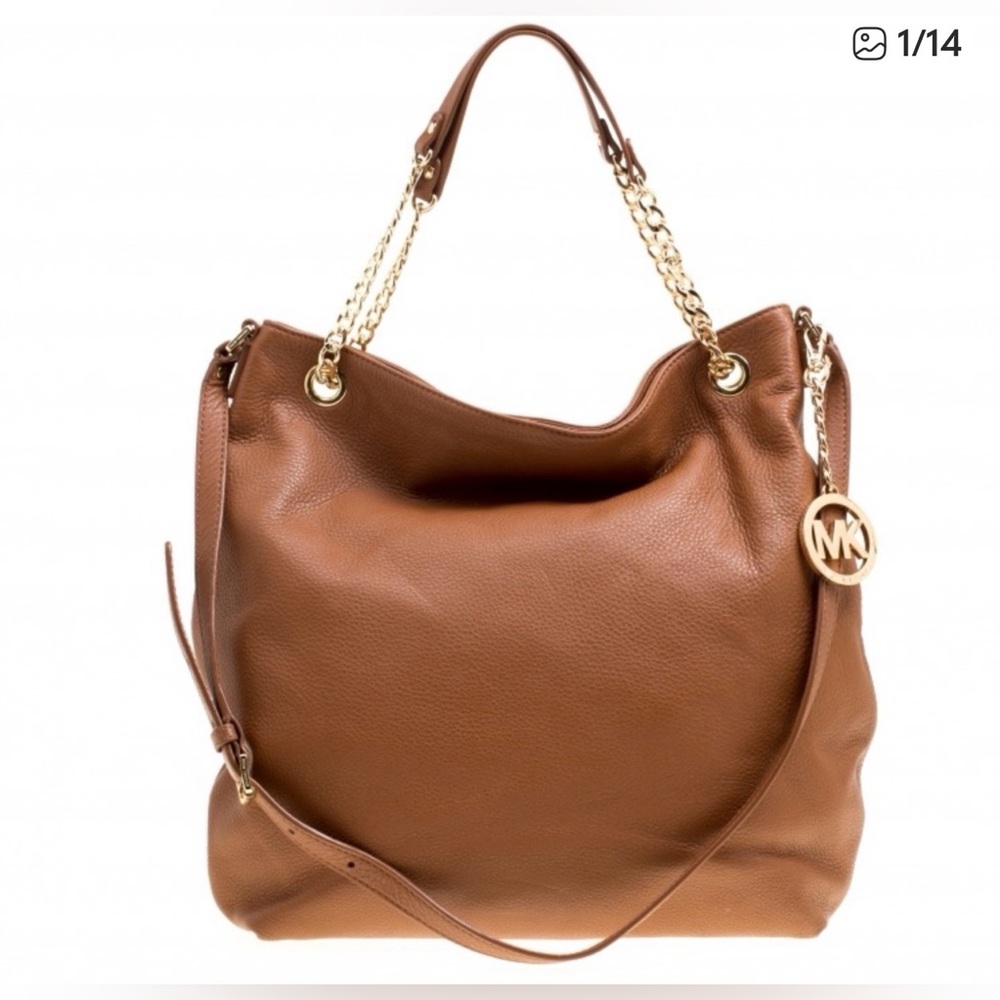 Michael Kors Jet Set Chain Camel brown pebbled leather shoulder bag purse